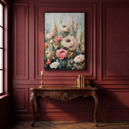 Abstract Peony Impressionist Canvas for Bedroom in dark walnut floating frame