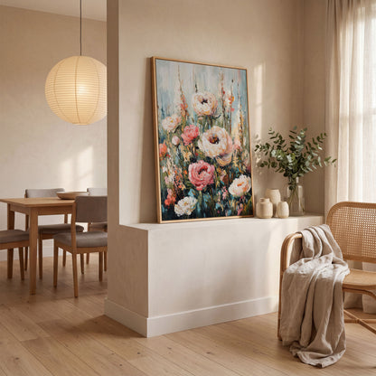 Abstract Peony Impressionist Canvas for Bedroom in white oak floating frame