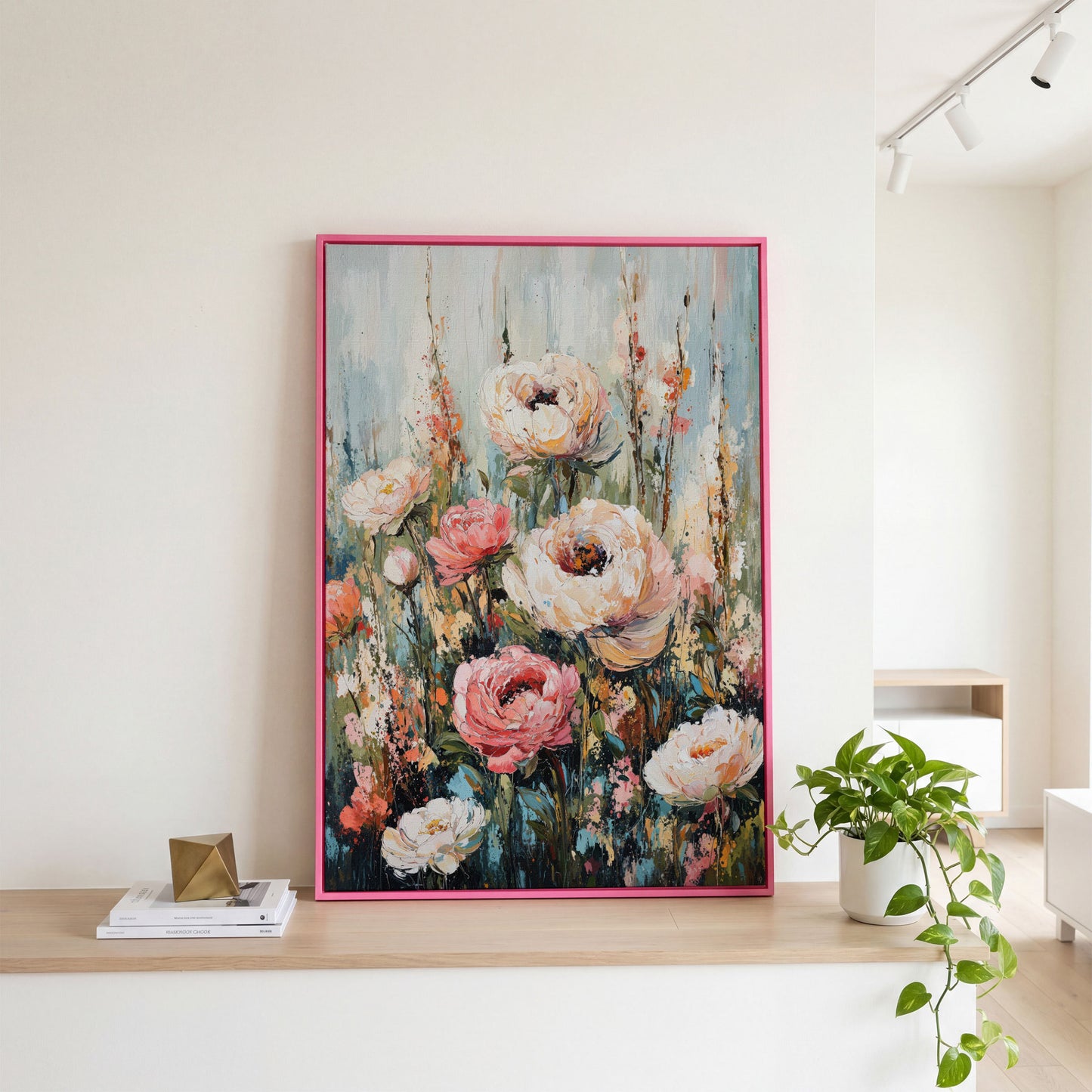Abstract Peony Impressionist Canvas for Bedroom in pink floating frame