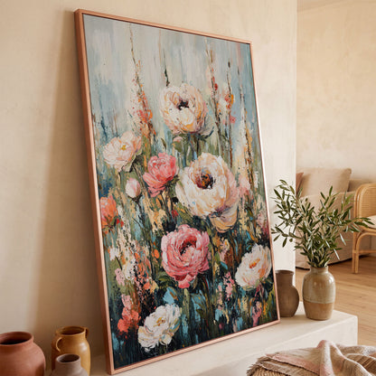 Abstract Peony Impressionist Canvas for Bedroom in rose gold floating frame