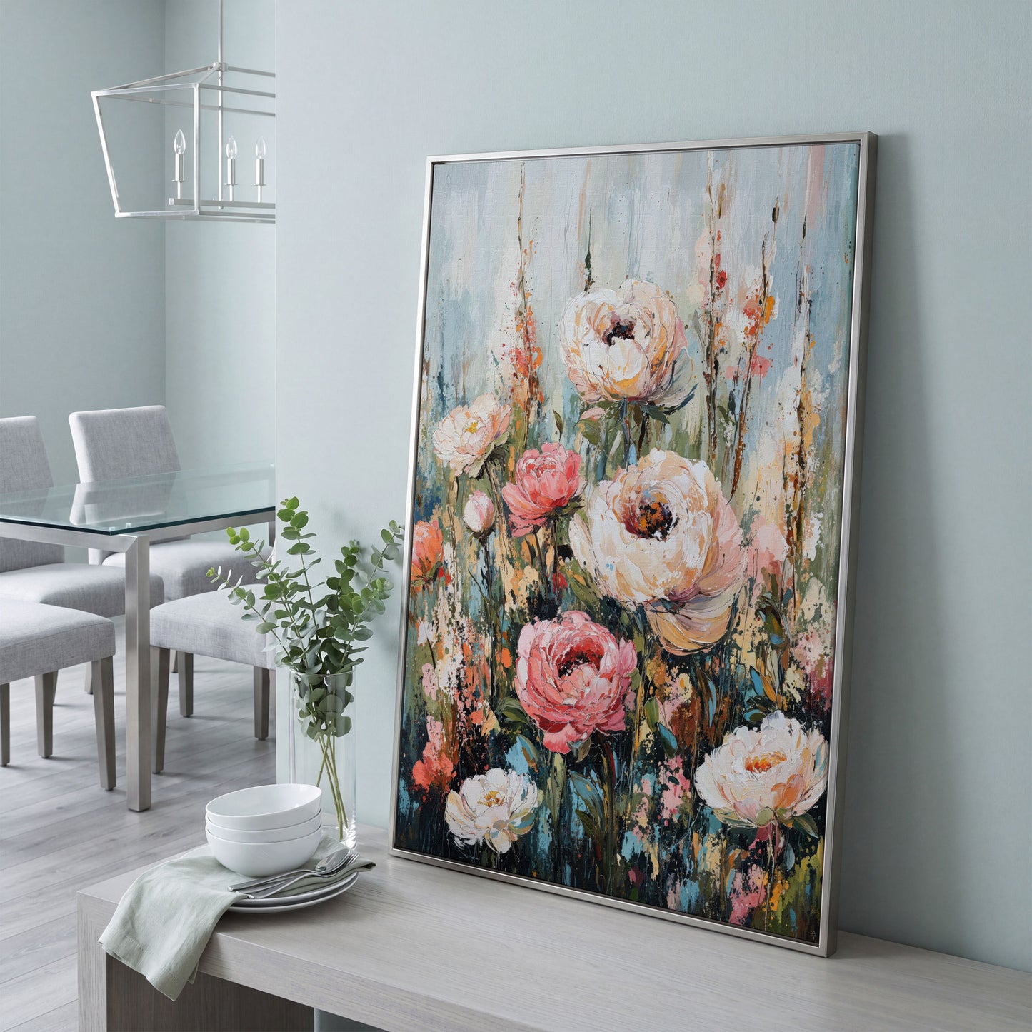 Abstract Peony Impressionist Canvas for Bedroom in silver floating frame