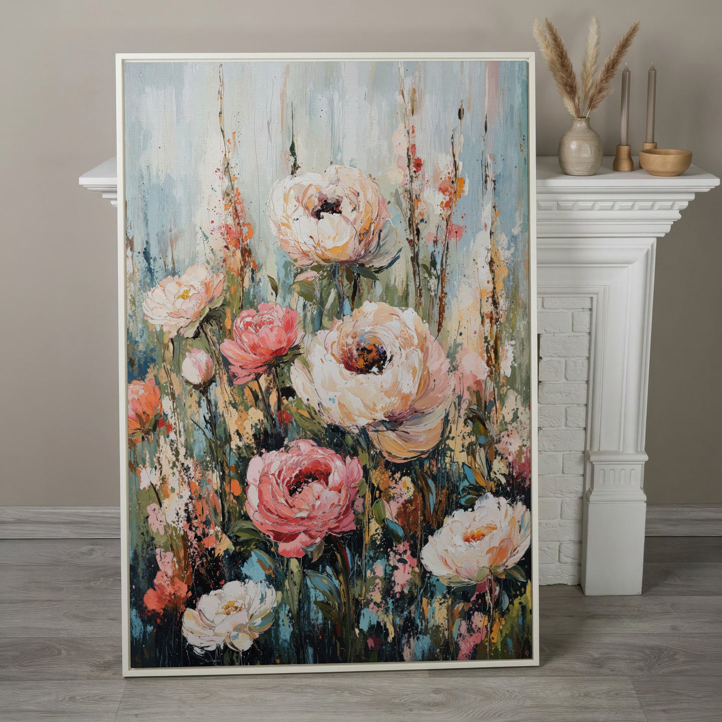 Abstract Peony Impressionist Canvas for Bedroom in white floating frame