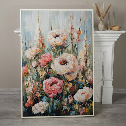 Abstract Peony Impressionist Canvas for Bedroom in white floating frame