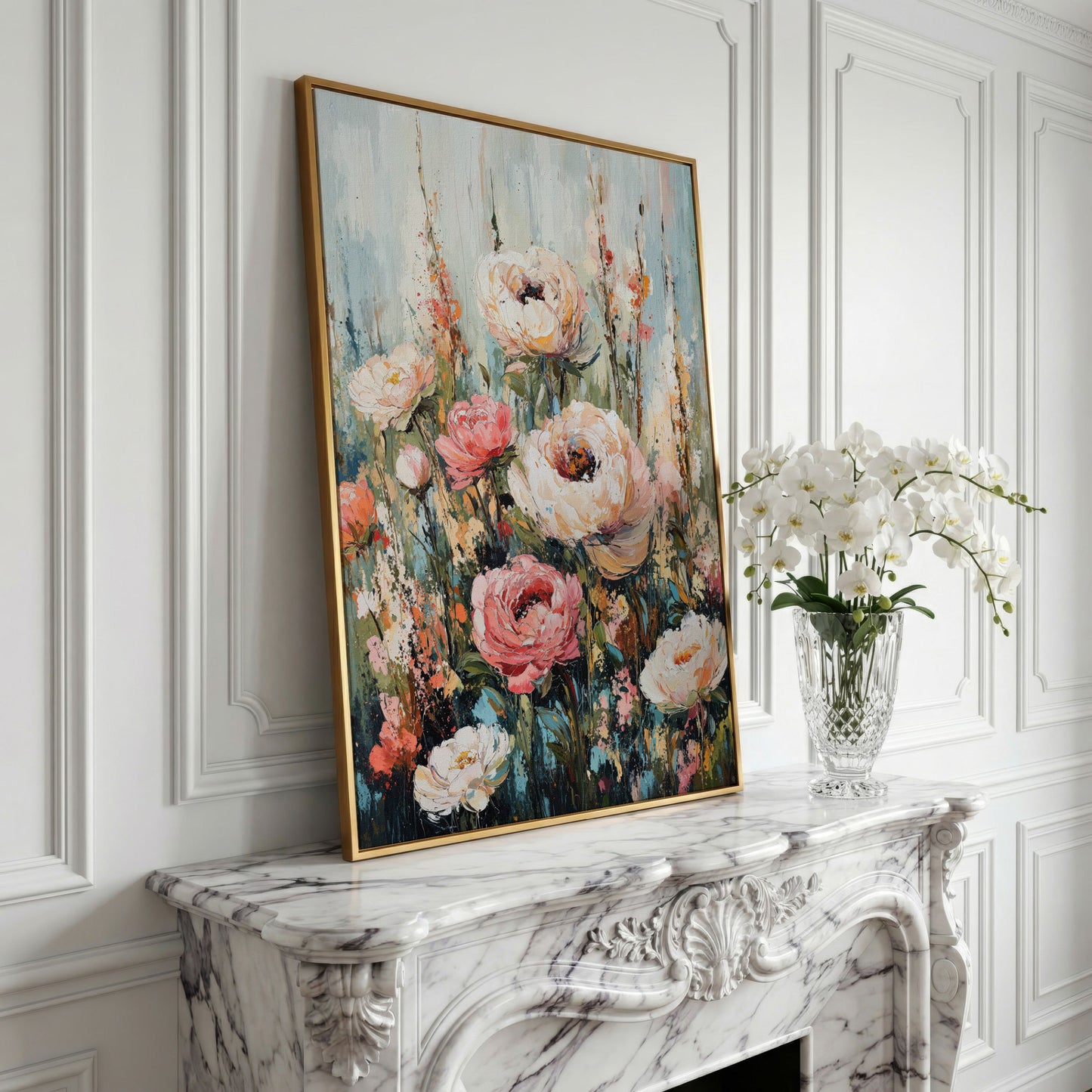 Abstract Peony Impressionist Canvas for Bedroom in yellow gold floating frame