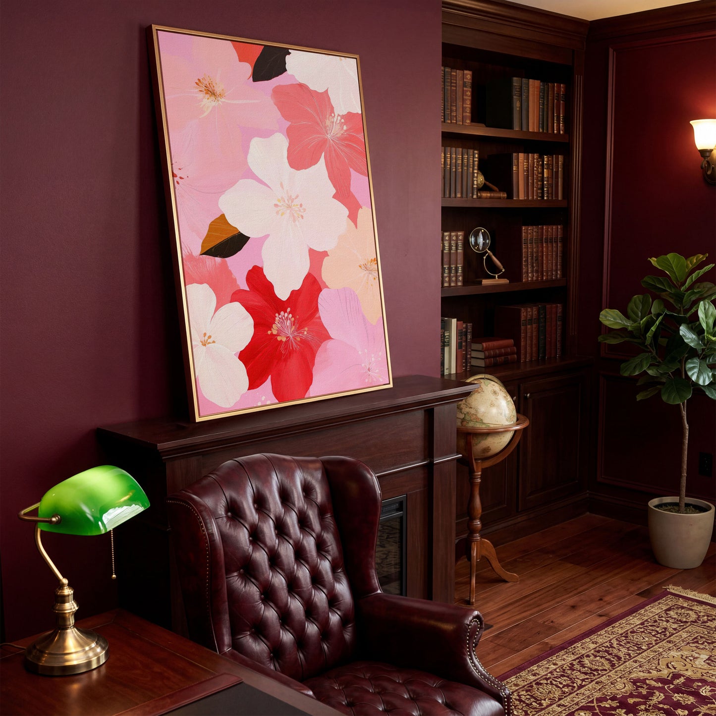Pink Floral Botanical Canvas Print in antique gold floating frame