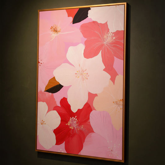 Pink Floral Botanical Canvas Print shown in antique gold floating frame