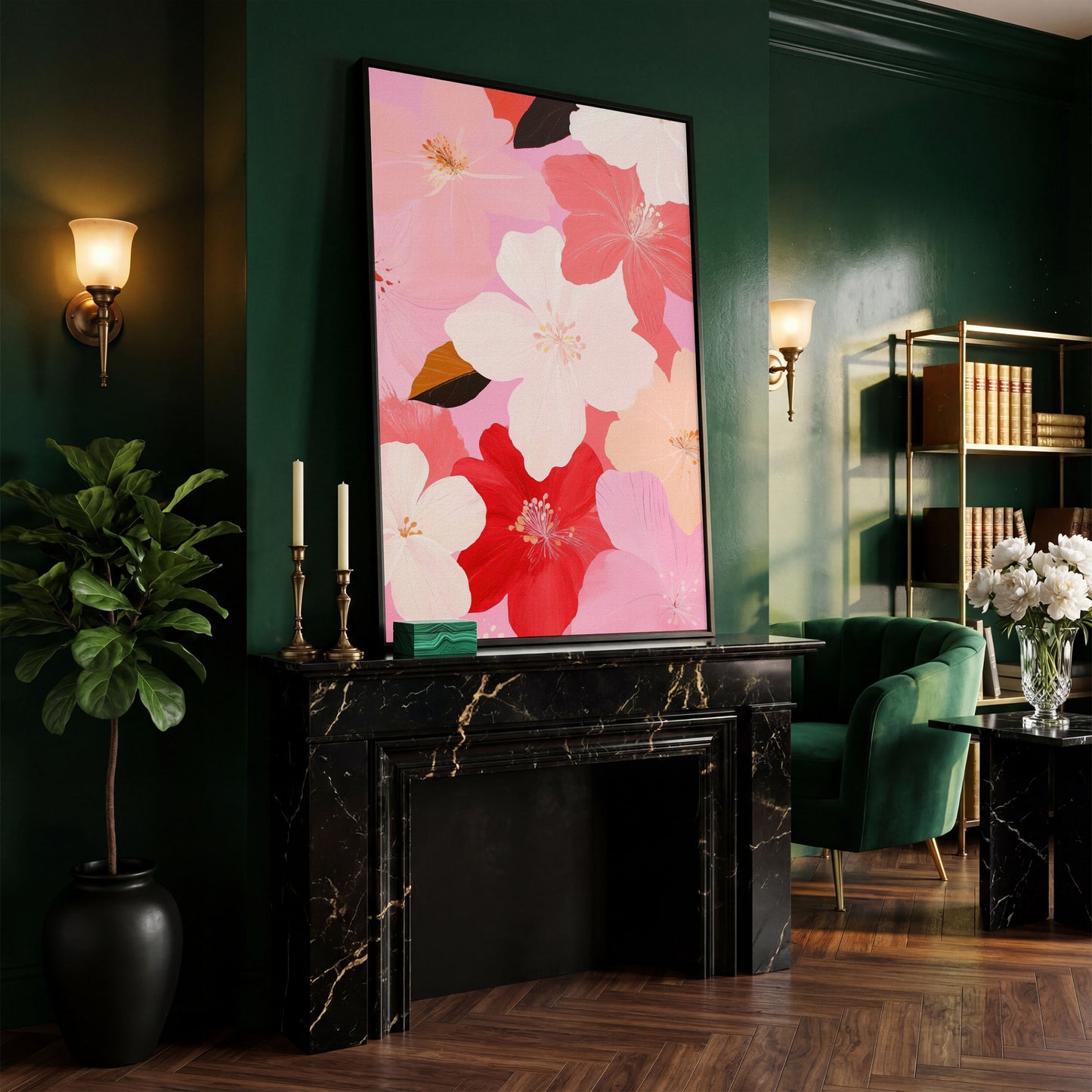Pink Floral Botanical Canvas Print in black floating frame