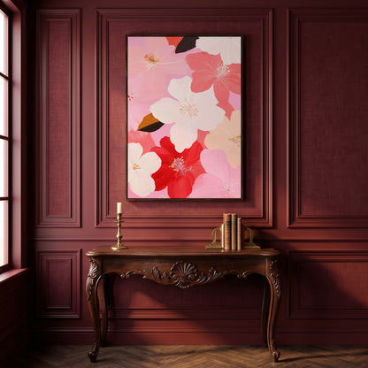 Pink Floral Botanical Canvas Print in dark walnut floating frame