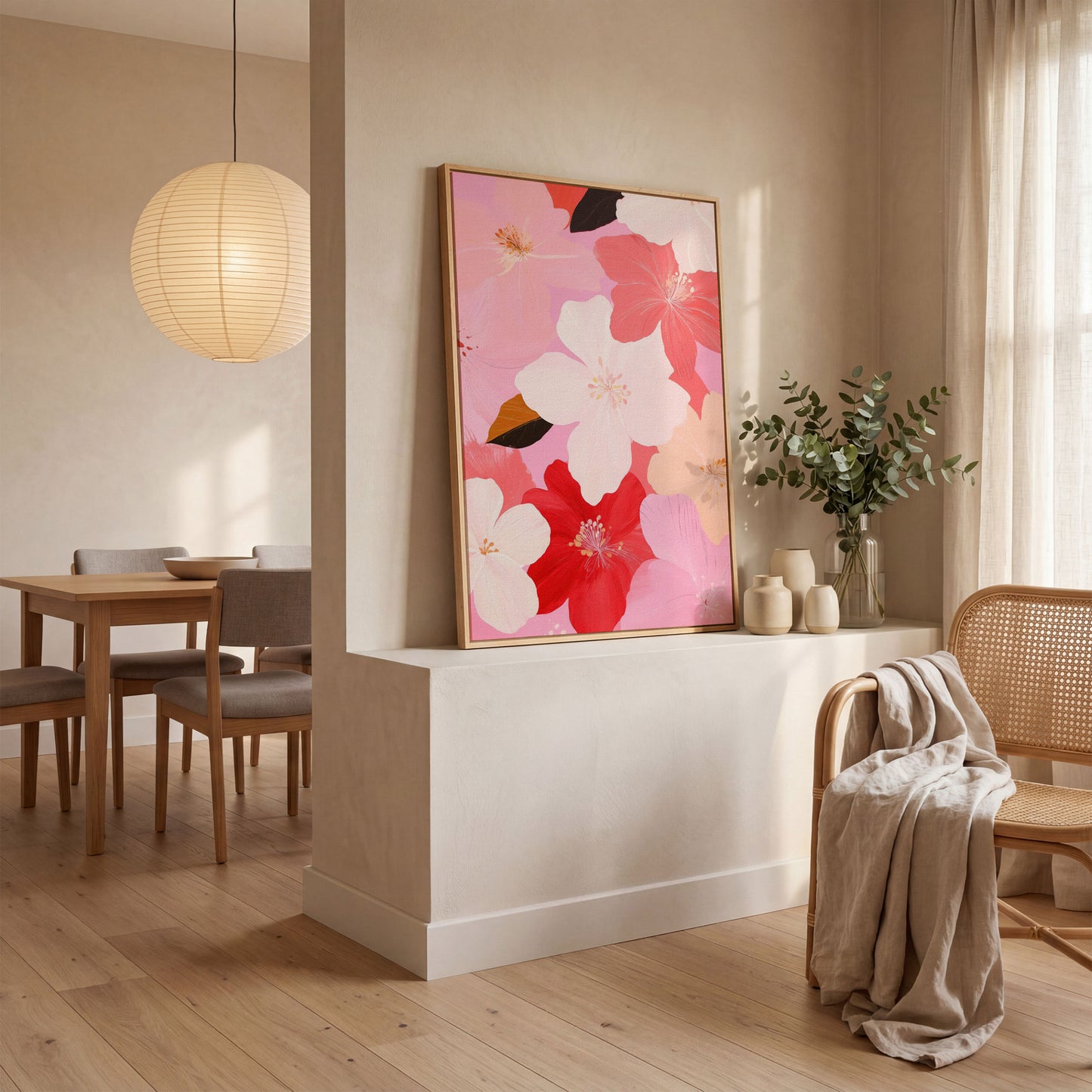 Pink Floral Botanical Canvas Print in white oak floating frame