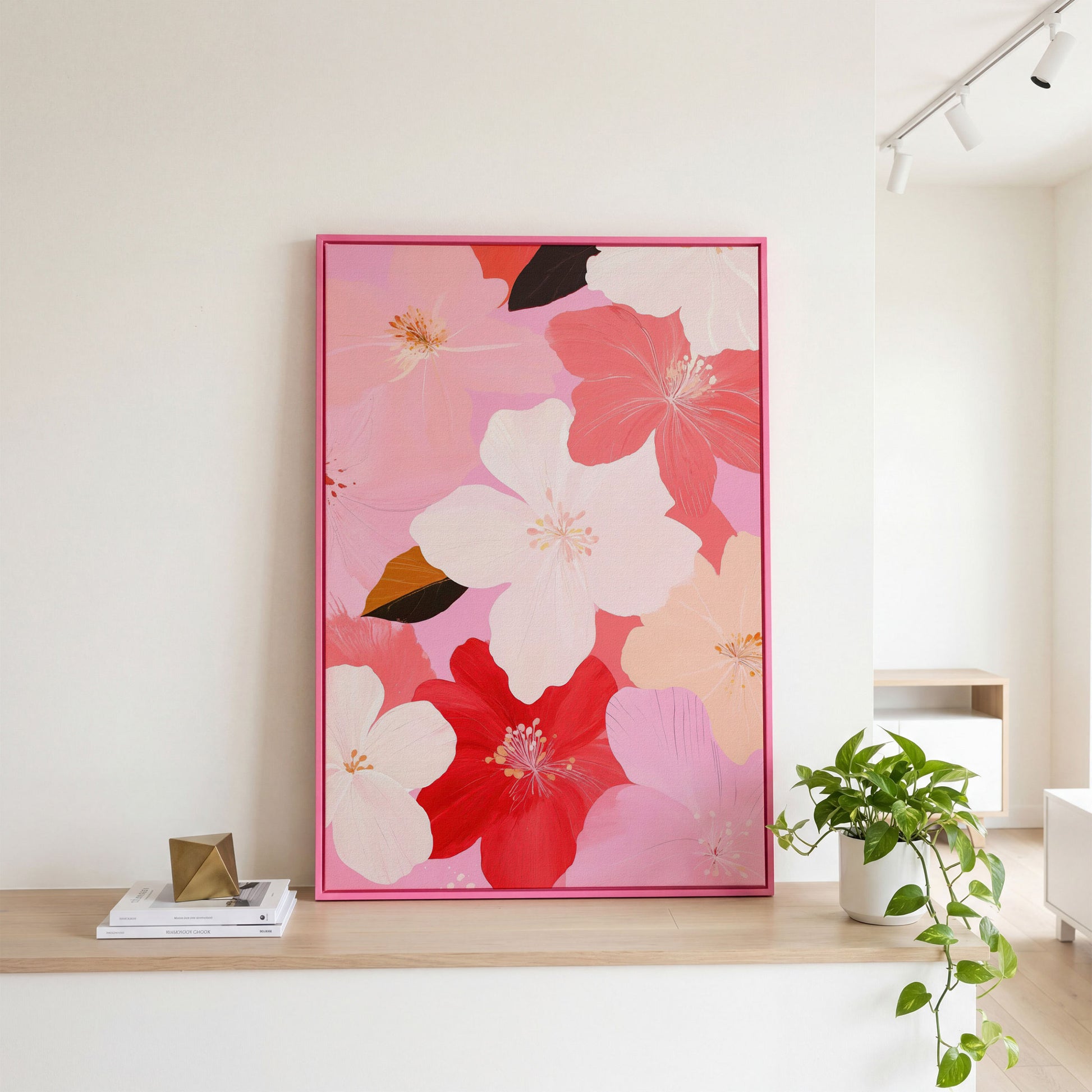Pink Floral Botanical Canvas Print in pink floating frame