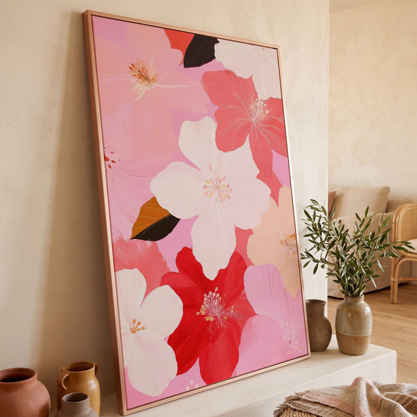 Pink Floral Botanical Canvas Print in rose gold floating frame