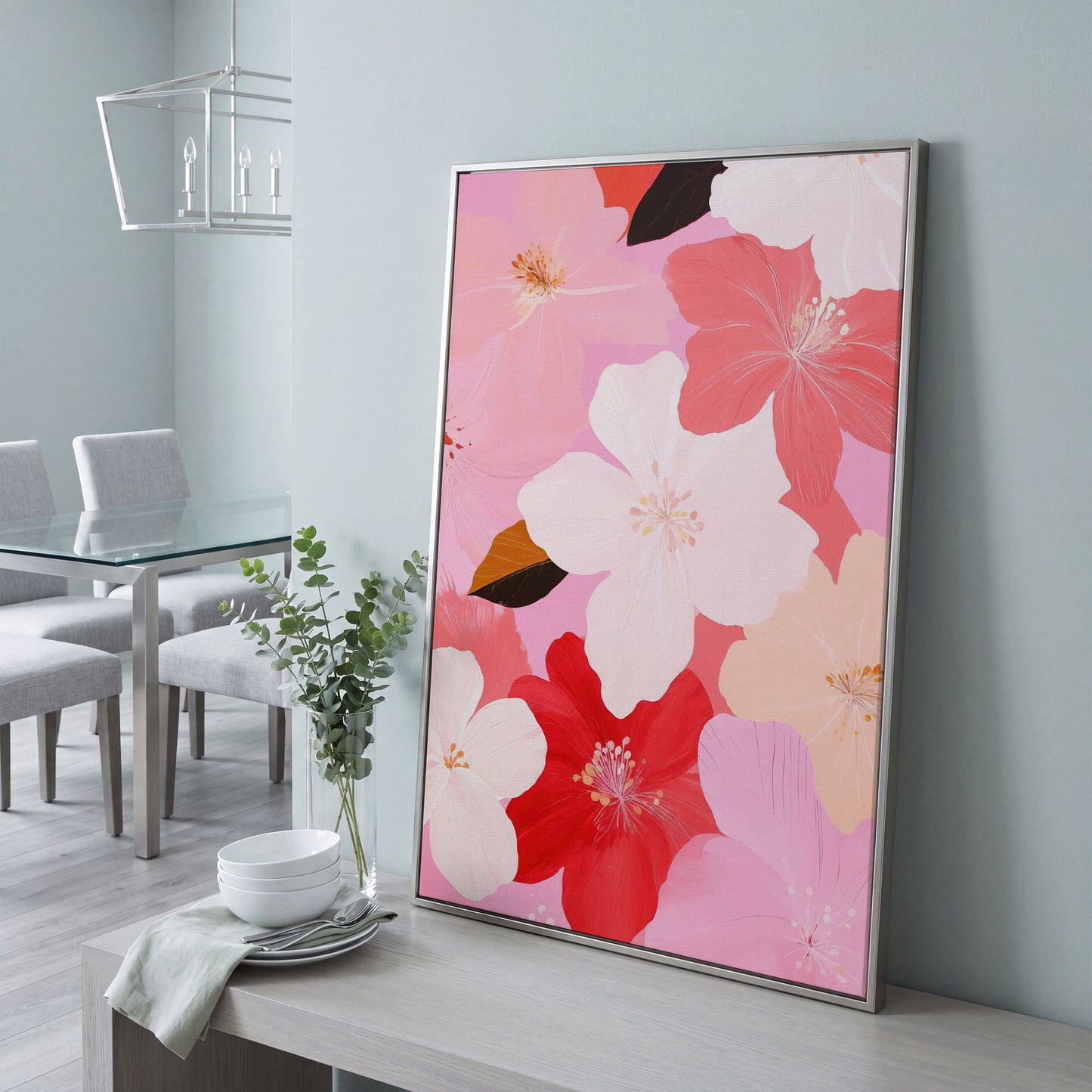 Pink Floral Botanical Canvas Print in silver floating frame