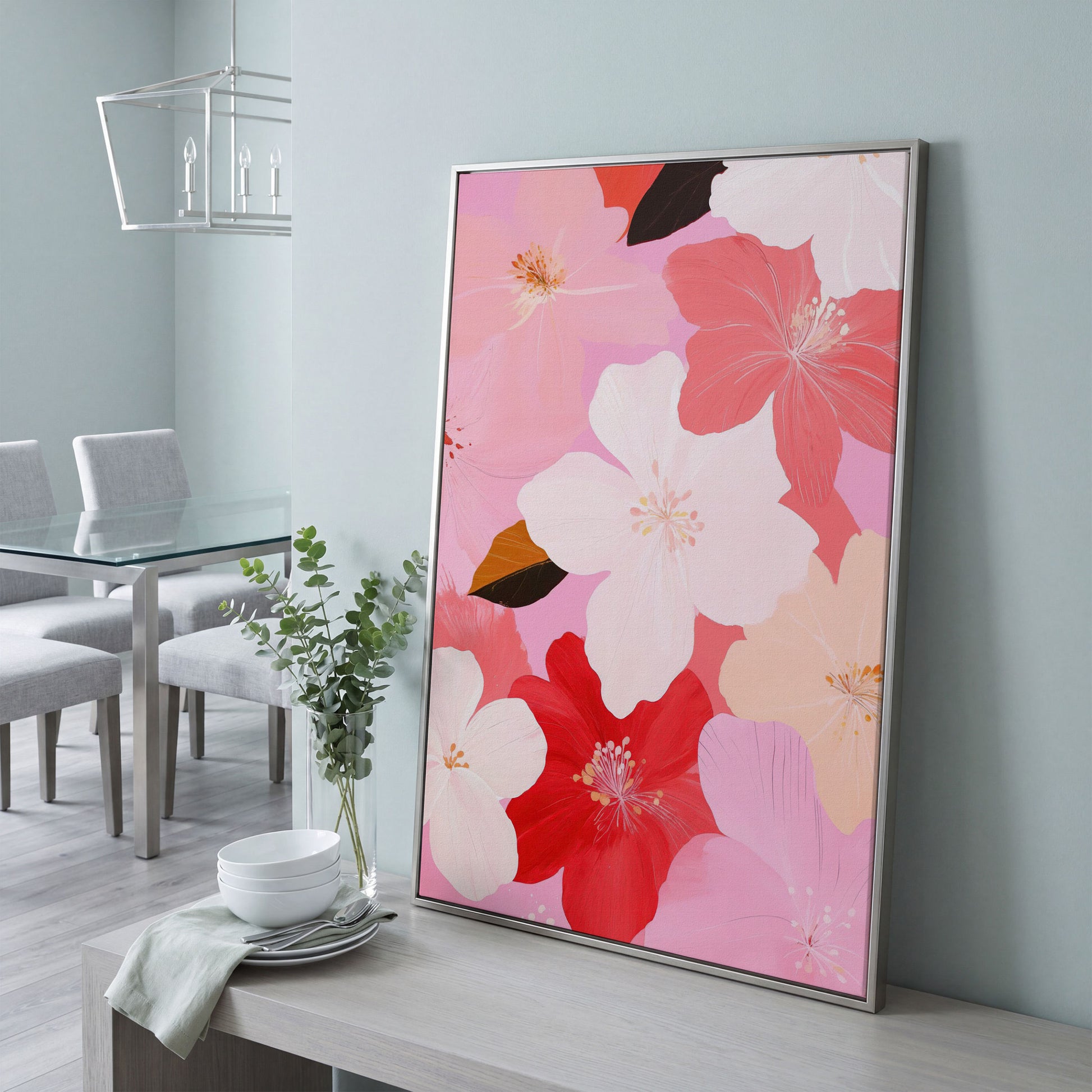Pink Floral Botanical Canvas Print in silver floating frame