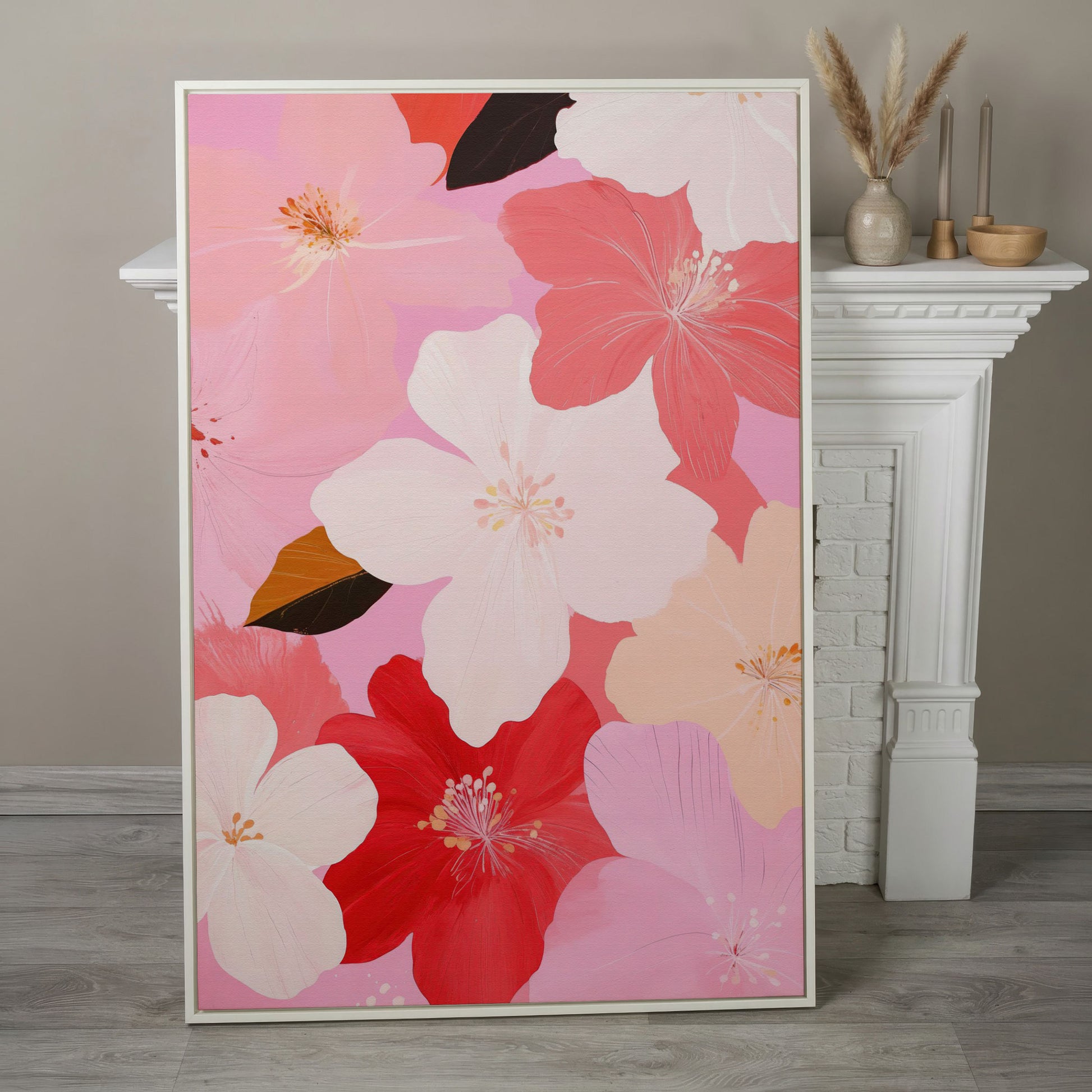 Pink Floral Botanical Canvas Print in white floating frame