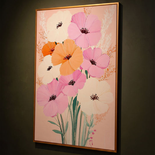 Spring Floral Bouquet Canvas in Blush and Peach shown in antique gold floating frame