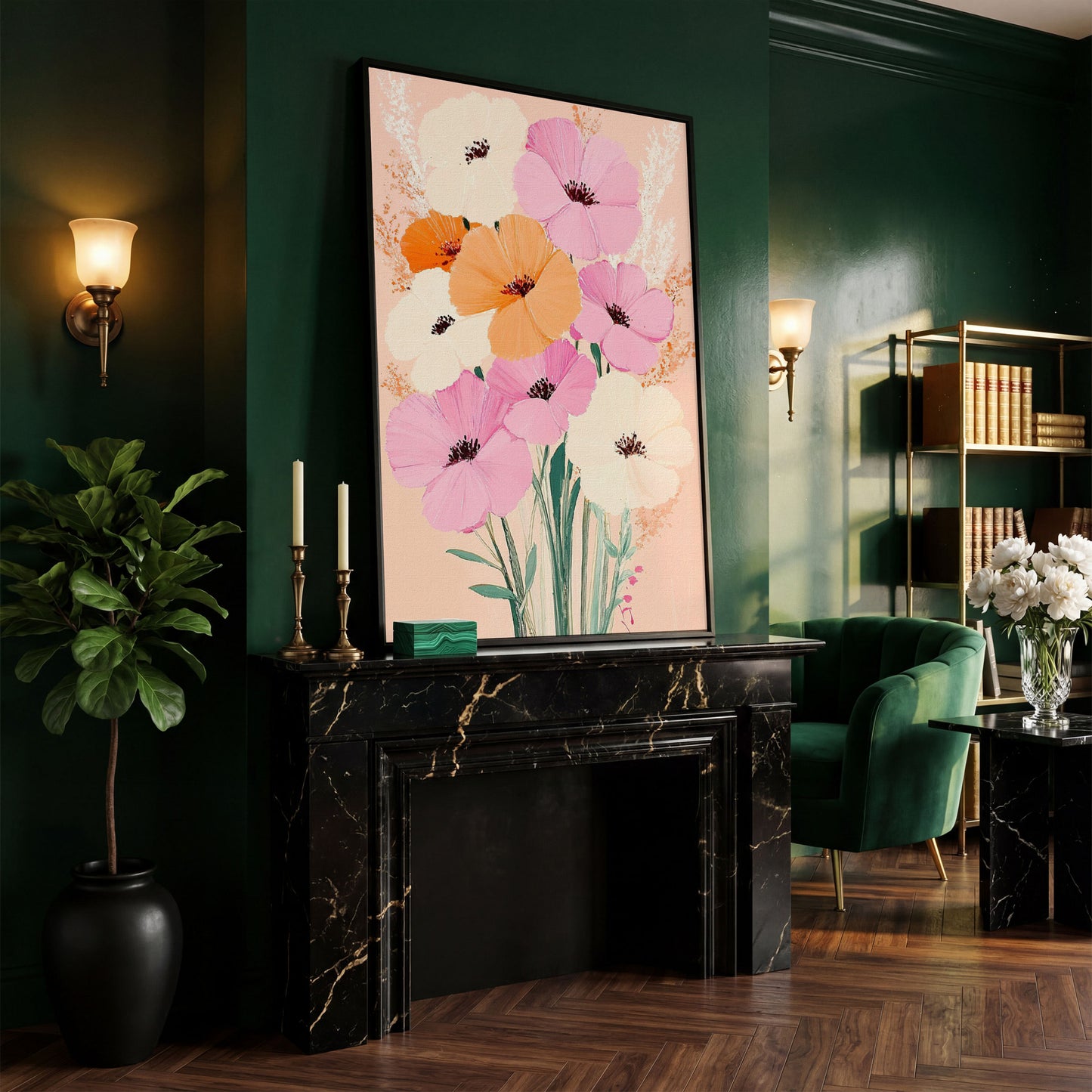 Spring Floral Bouquet Canvas in Blush and Peach in black floating frame