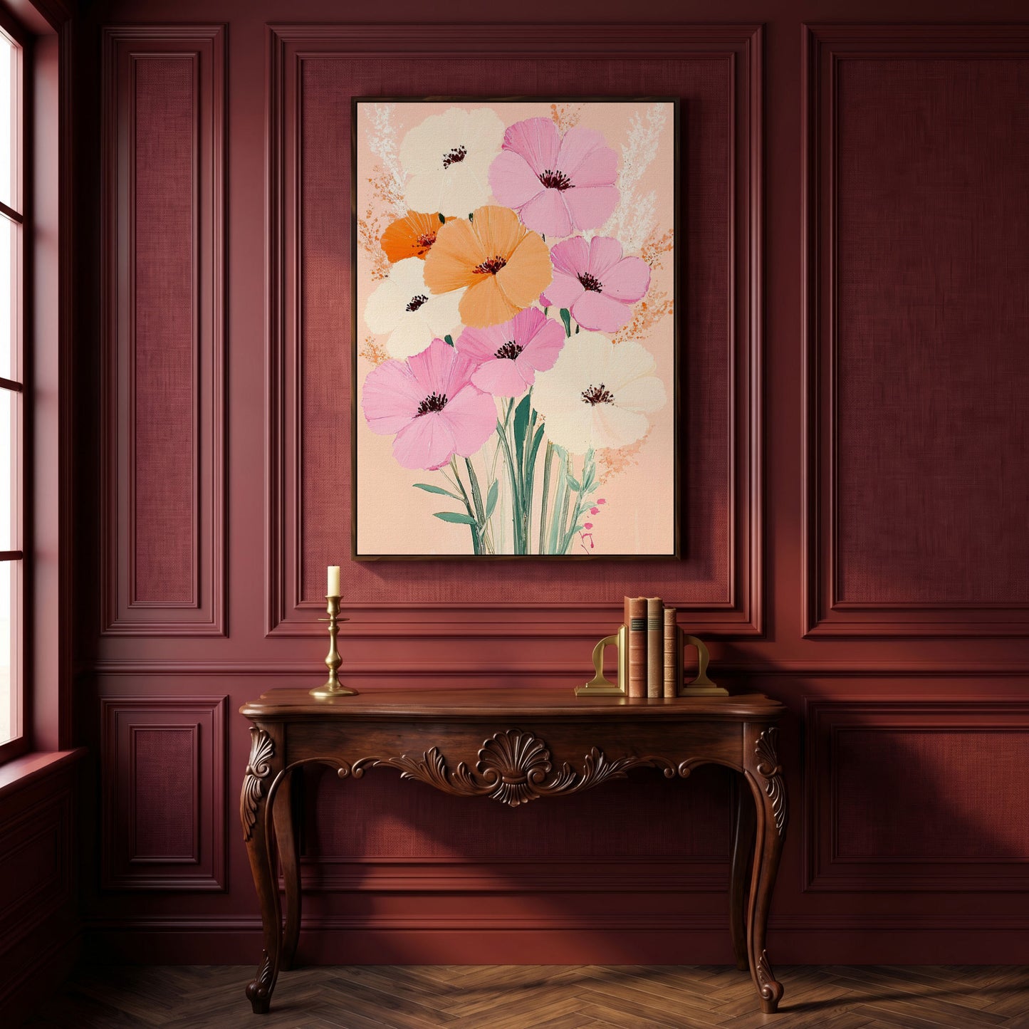 Spring Floral Bouquet Canvas in Blush and Peach in dark walnut floating frame