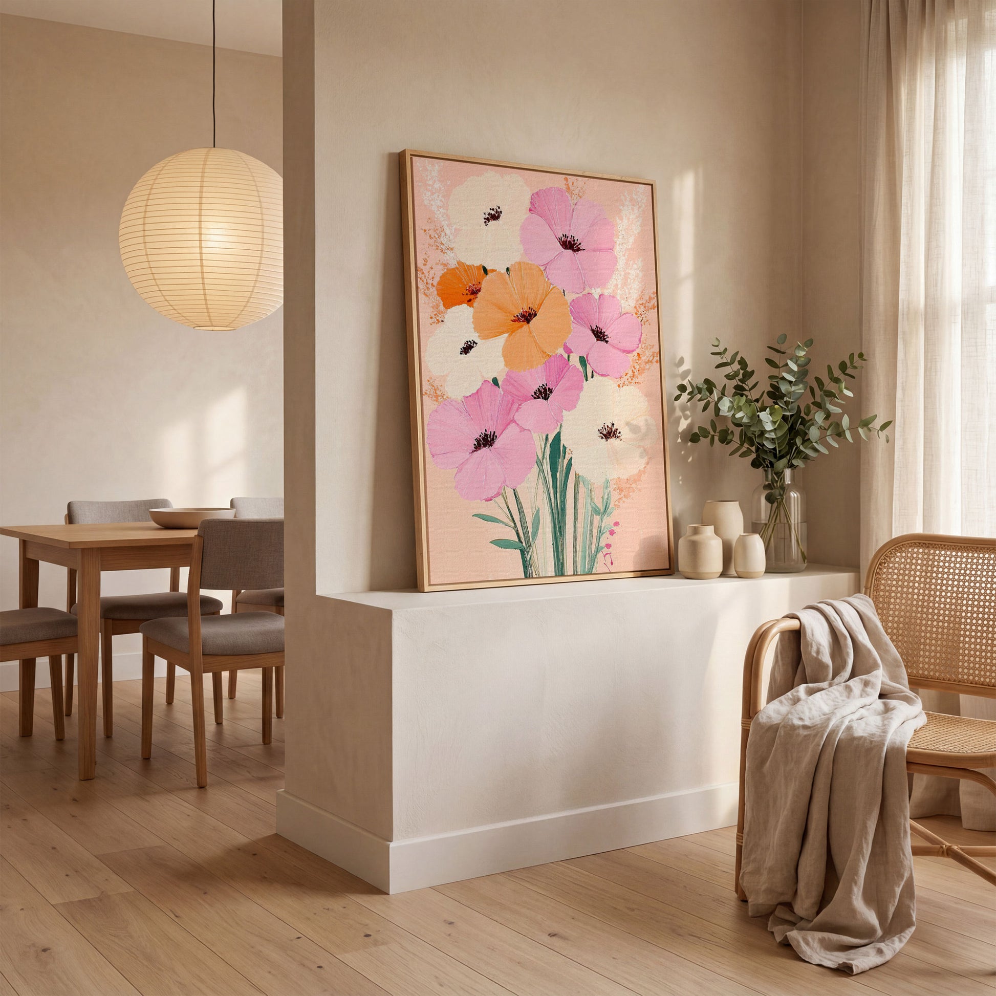 Spring Floral Bouquet Canvas in Blush and Peach in white oak floating frame
