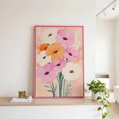 Spring Floral Bouquet Canvas in Blush and Peach in pink floating frame