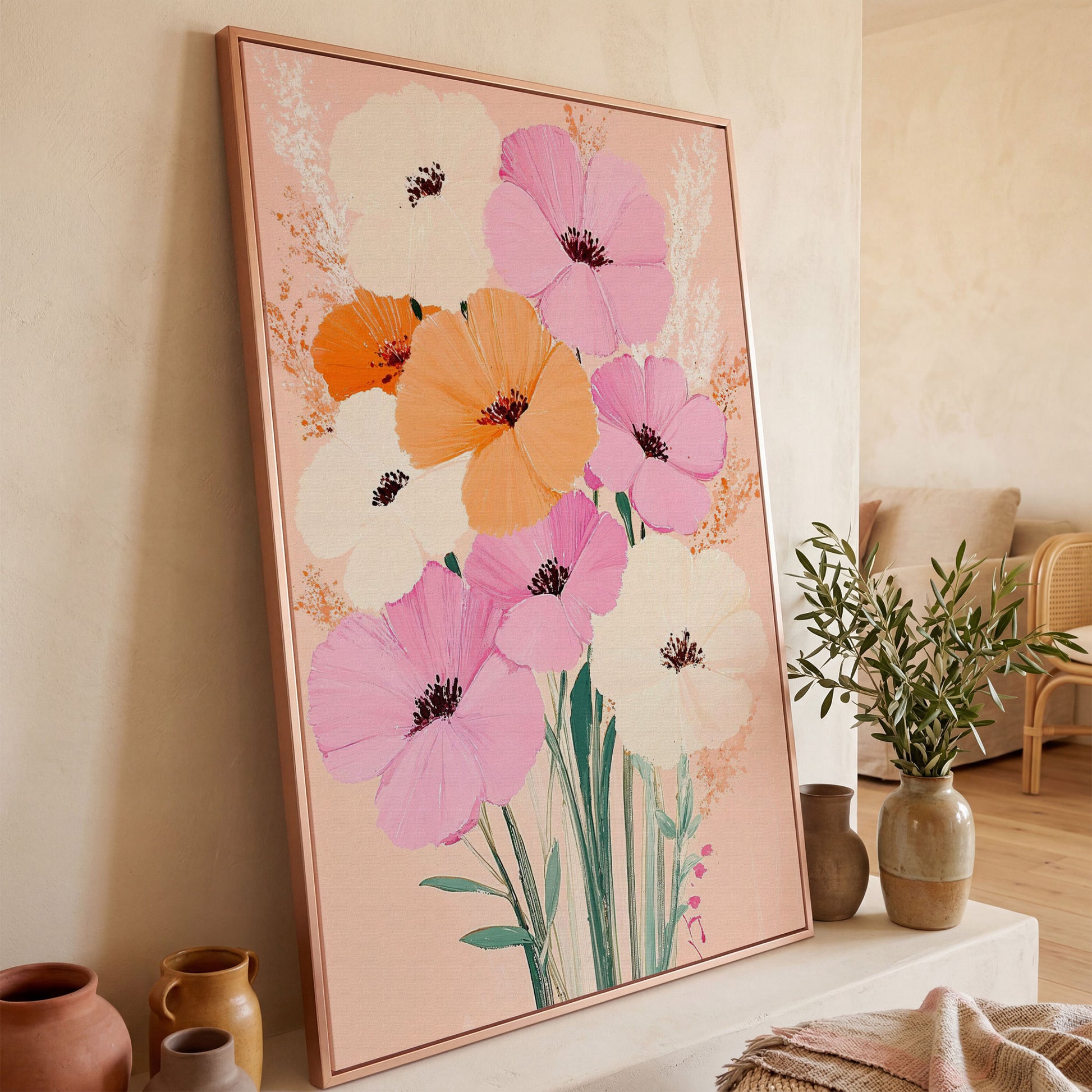 Spring Floral Bouquet Canvas in Blush and Peach in rose gold floating frame