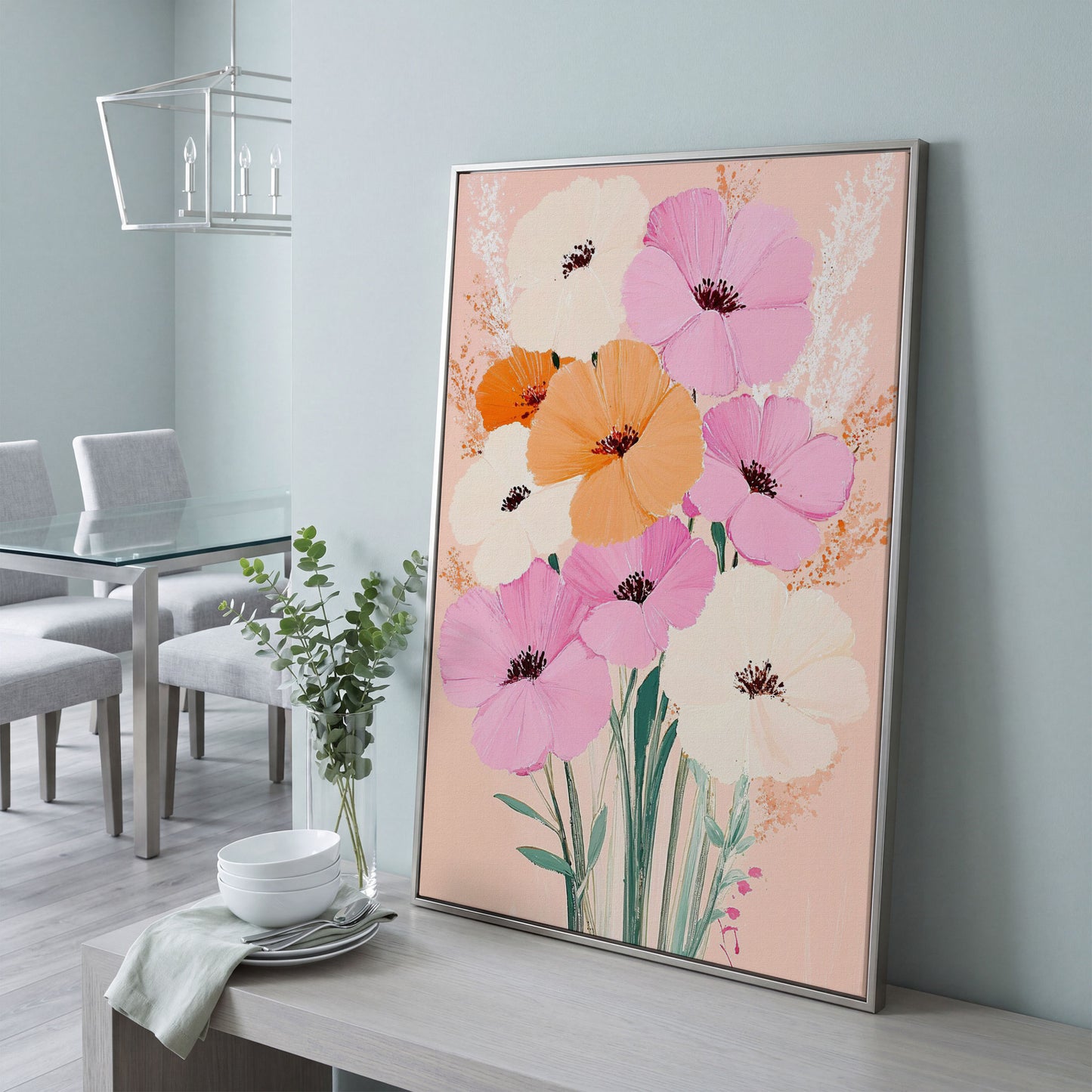 Spring Floral Bouquet Canvas in Blush and Peach in silver floating frame