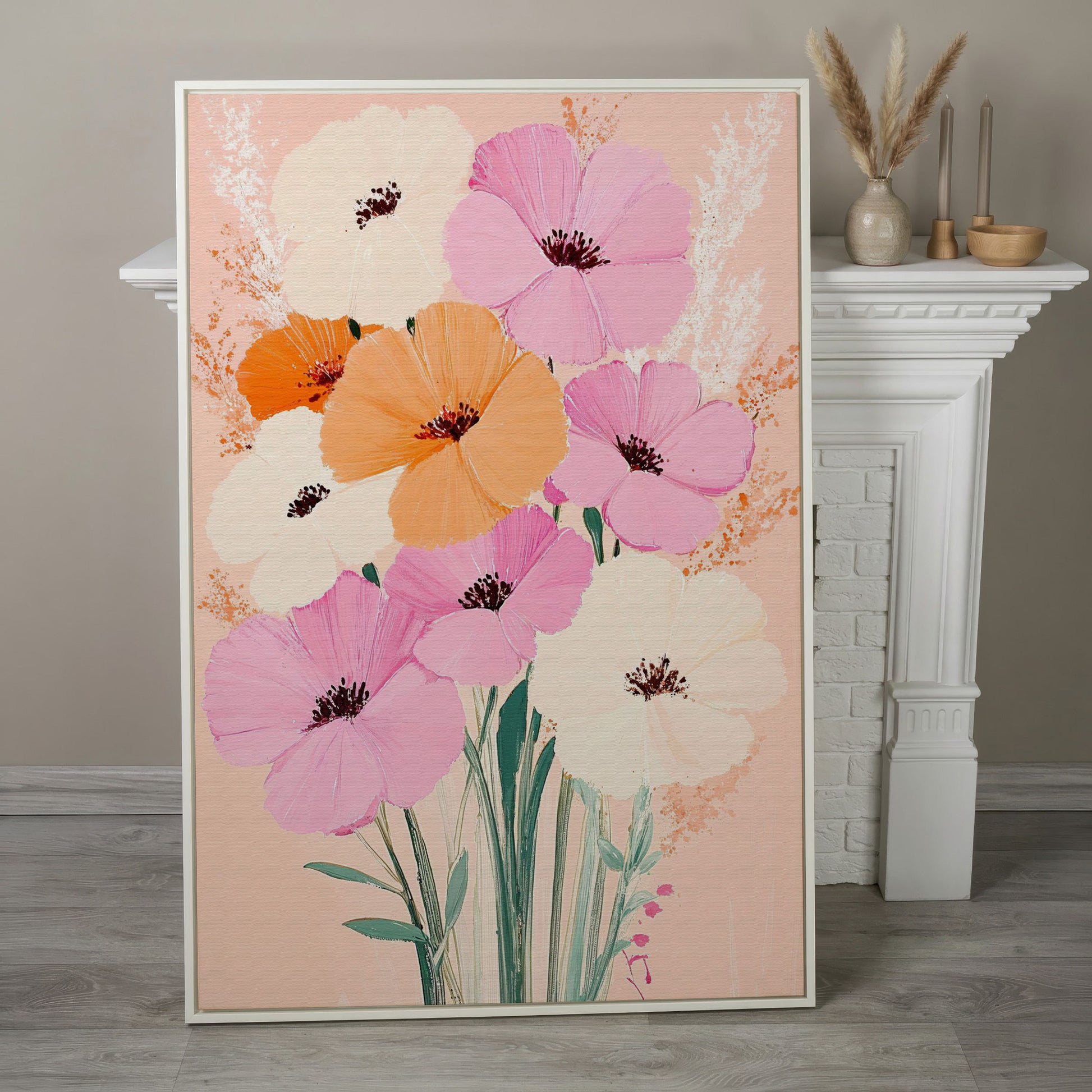 Spring Floral Bouquet Canvas in Blush and Peach in white floating frame