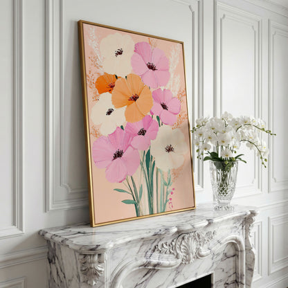 Spring Floral Bouquet Canvas in Blush and Peach in yellow gold floating frame