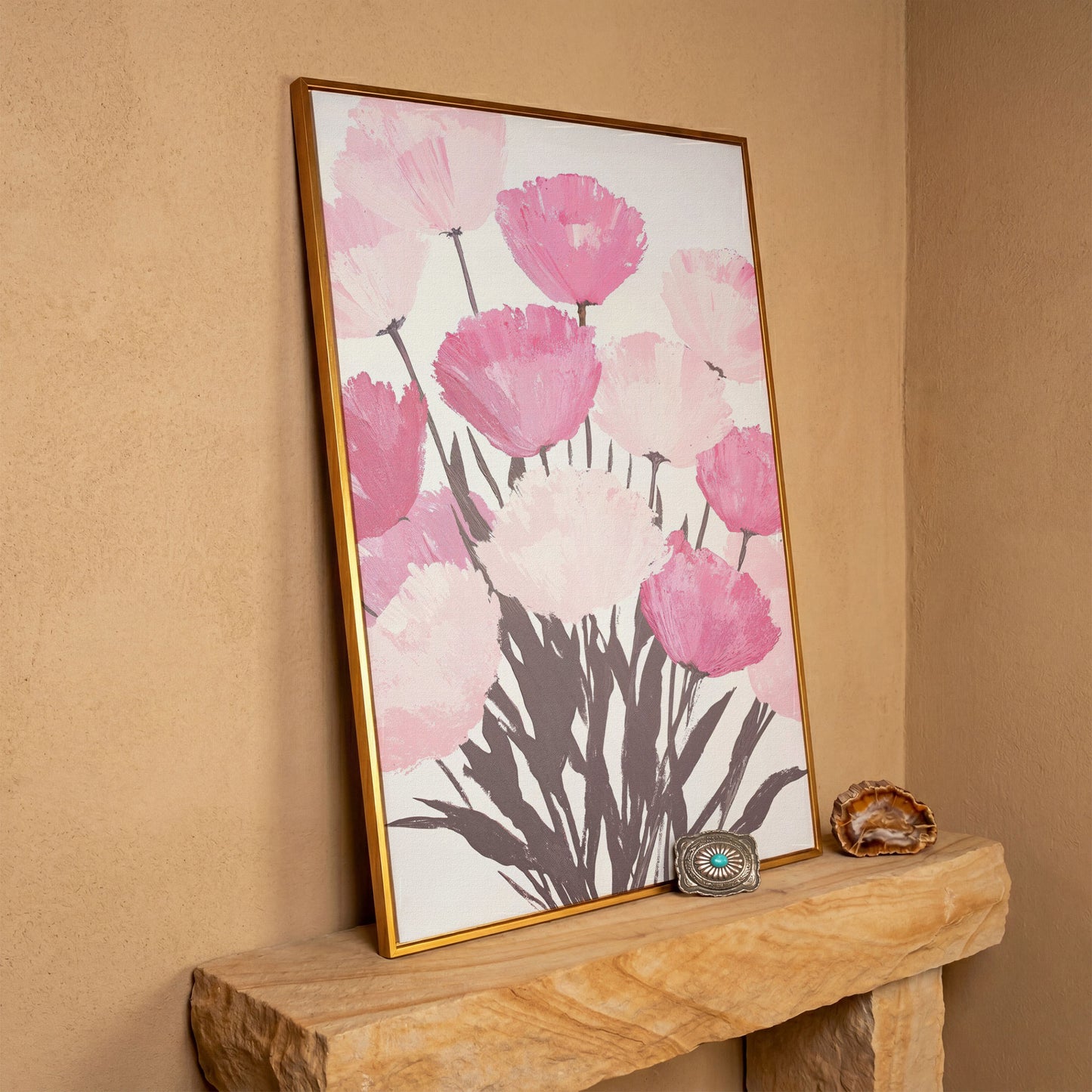 Pink Flower Bouquet Canvas for the Bedroom in antique gold floating frame