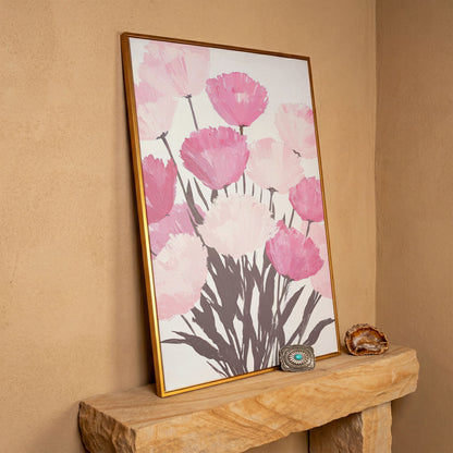 Pink Flower Bouquet Canvas for the Bedroom in antique gold floating frame
