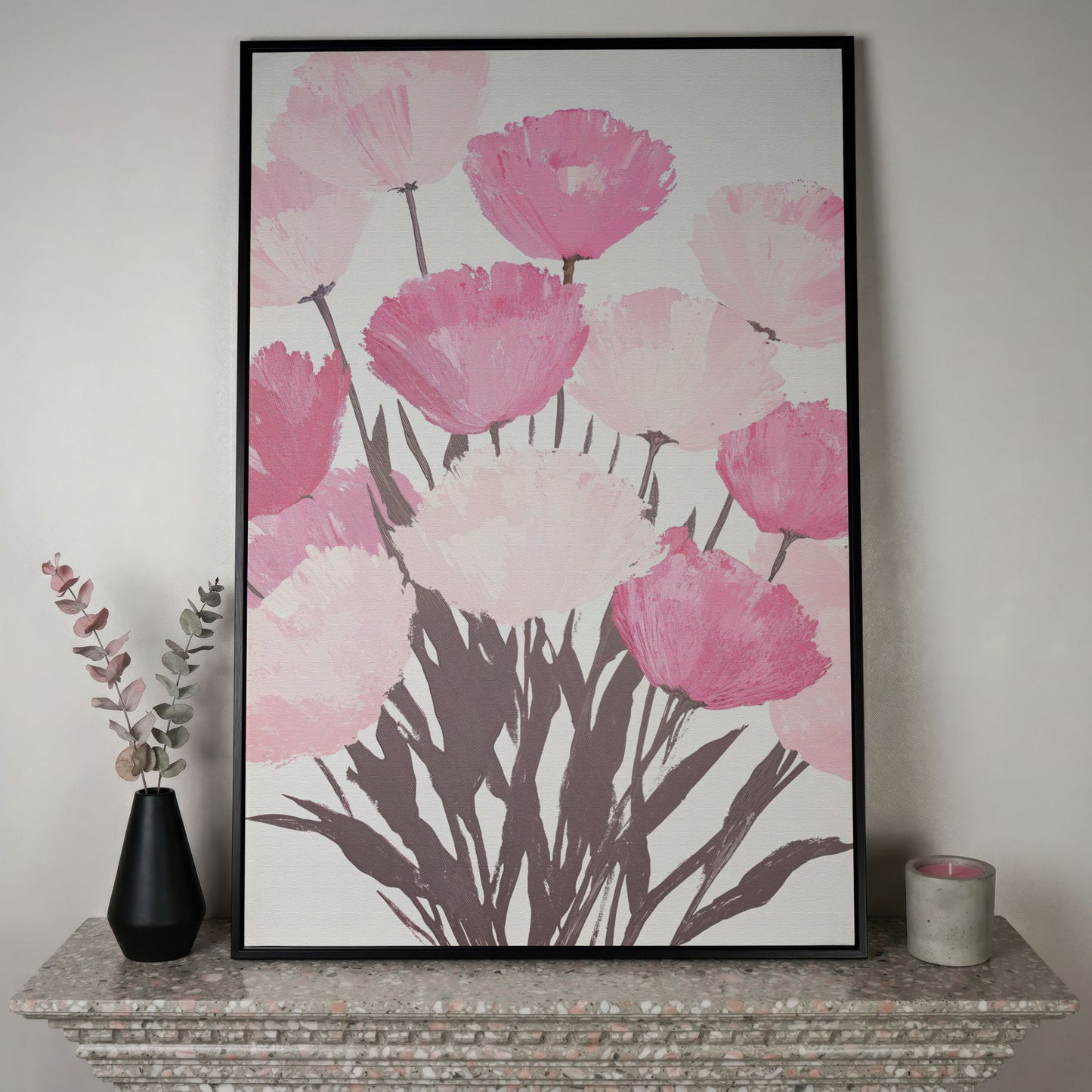 Pink Flower Bouquet Canvas for the Bedroom in black floating frame