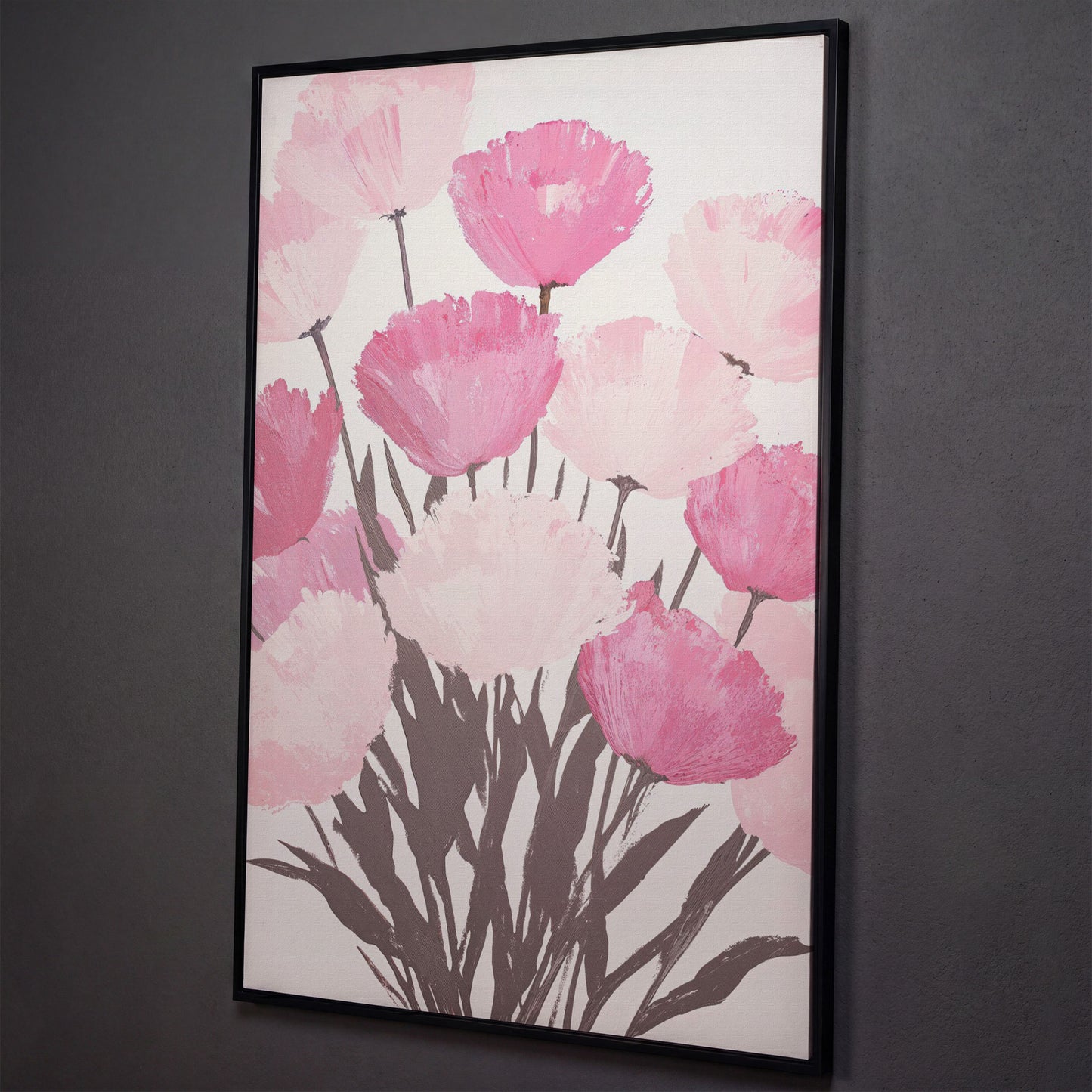 Pink Flower Bouquet Canvas for the Bedroom shown in black floating frame