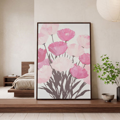 Pink Flower Bouquet Canvas for the Bedroom in dark walnut floating frame