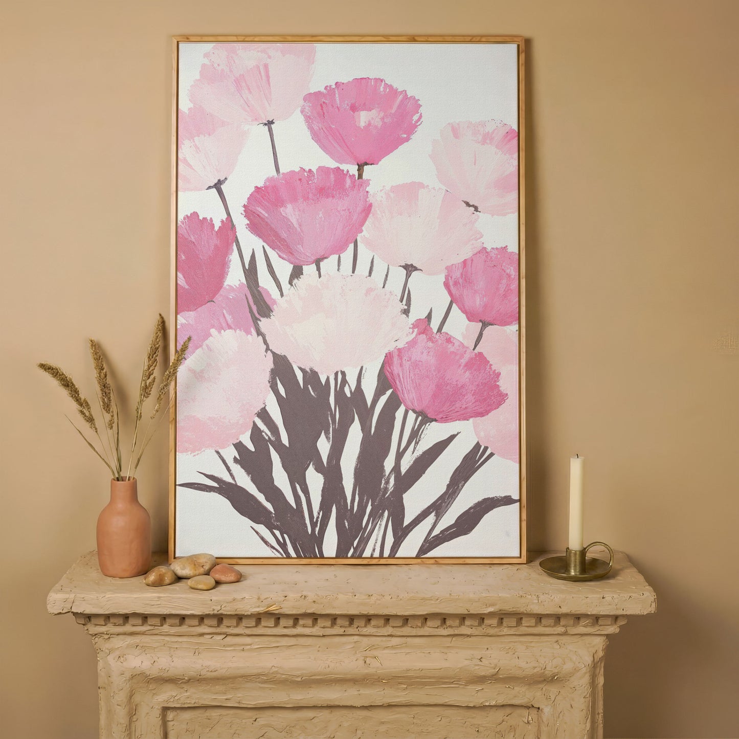 Pink Flower Bouquet Canvas for the Bedroom in white oak floating frame