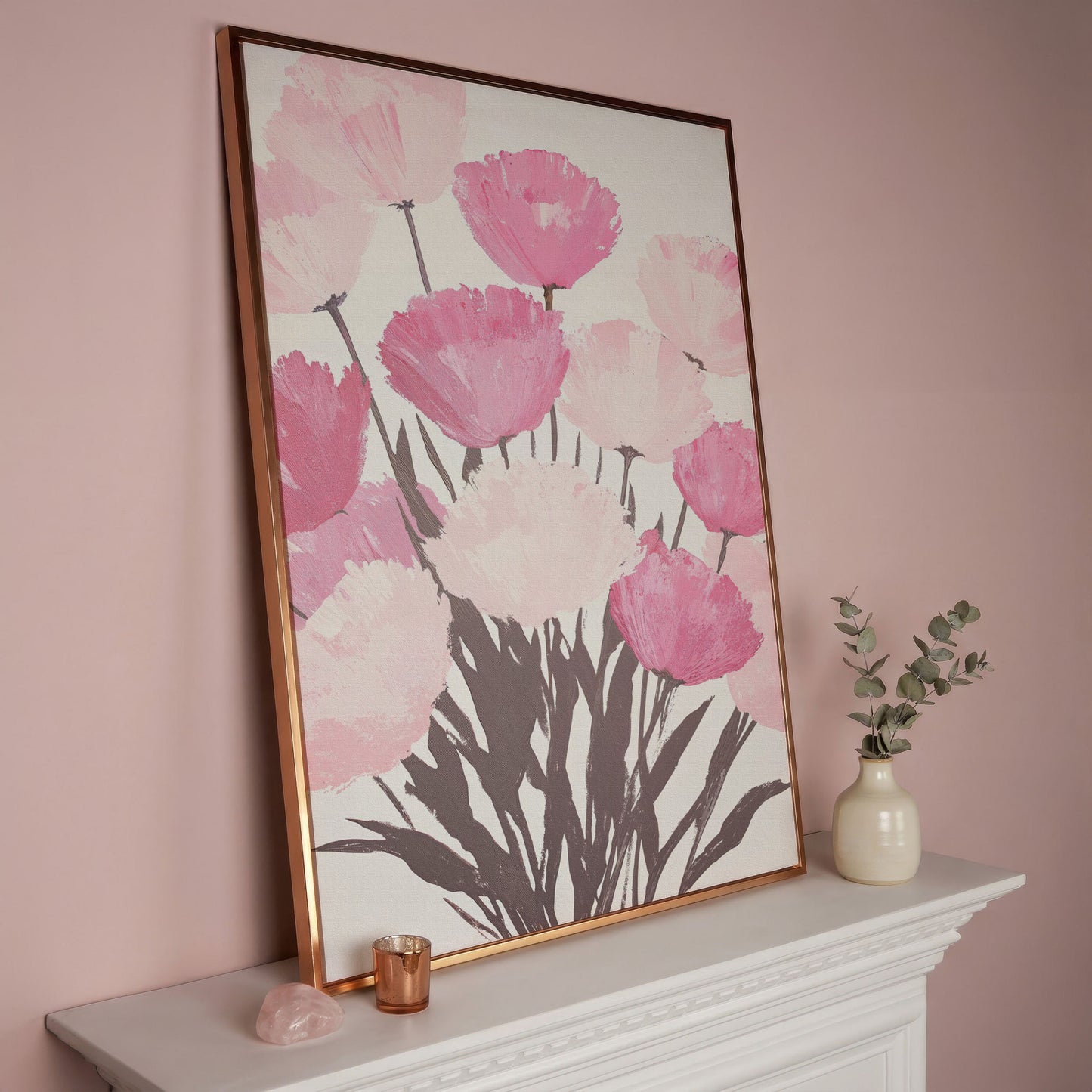 Pink Flower Bouquet Canvas for the Bedroom in rose gold floating frame
