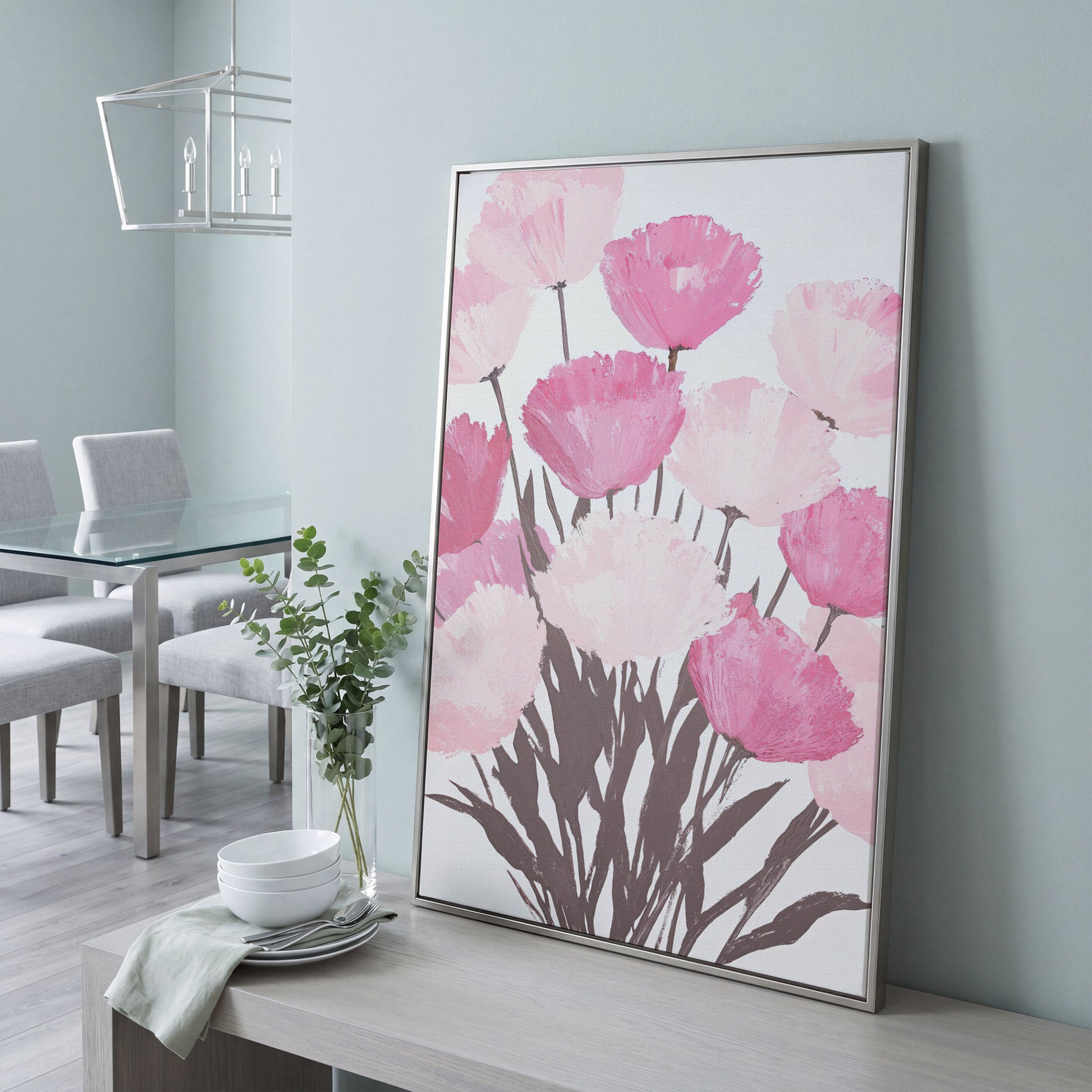 Pink Flower Bouquet Canvas for the Bedroom in silver floating frame