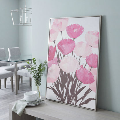 Pink Flower Bouquet Canvas for the Bedroom in silver floating frame