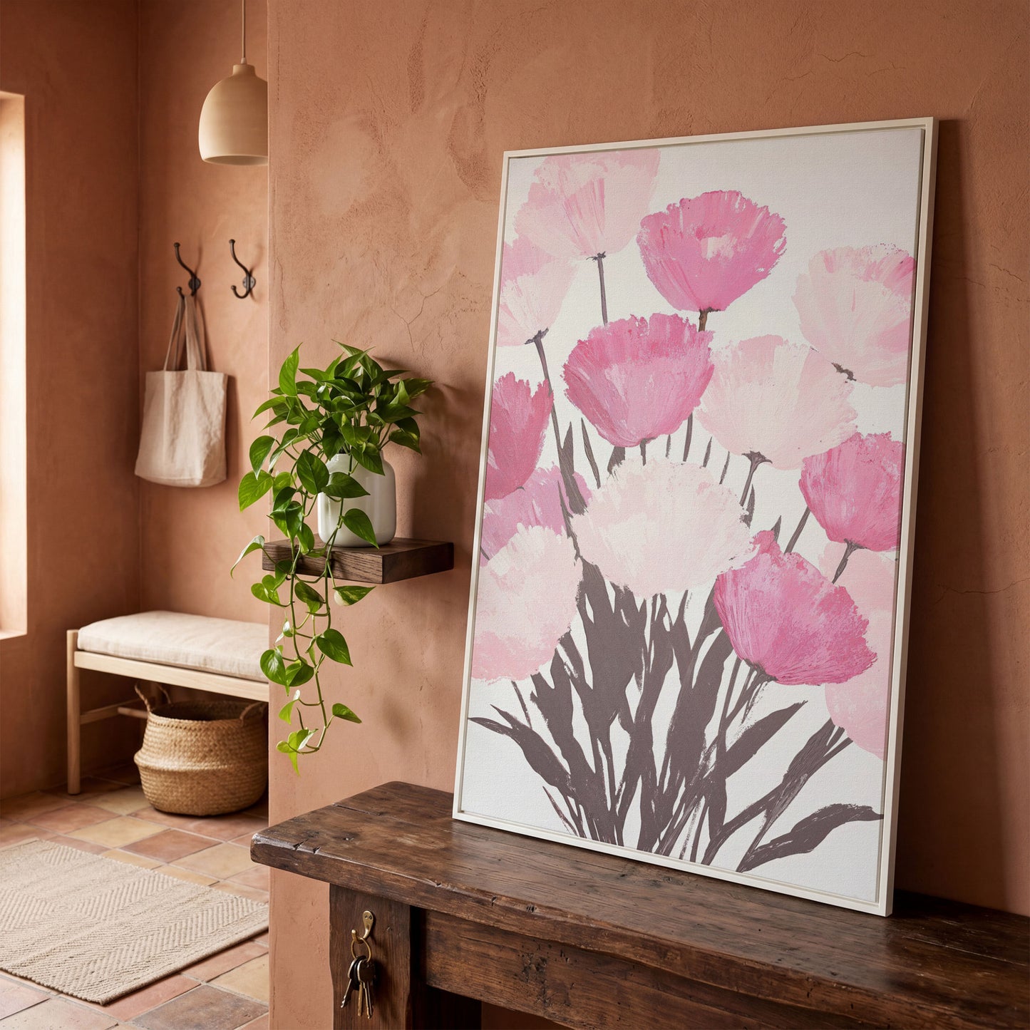 Pink Flower Bouquet Canvas for the Bedroom in white floating frame