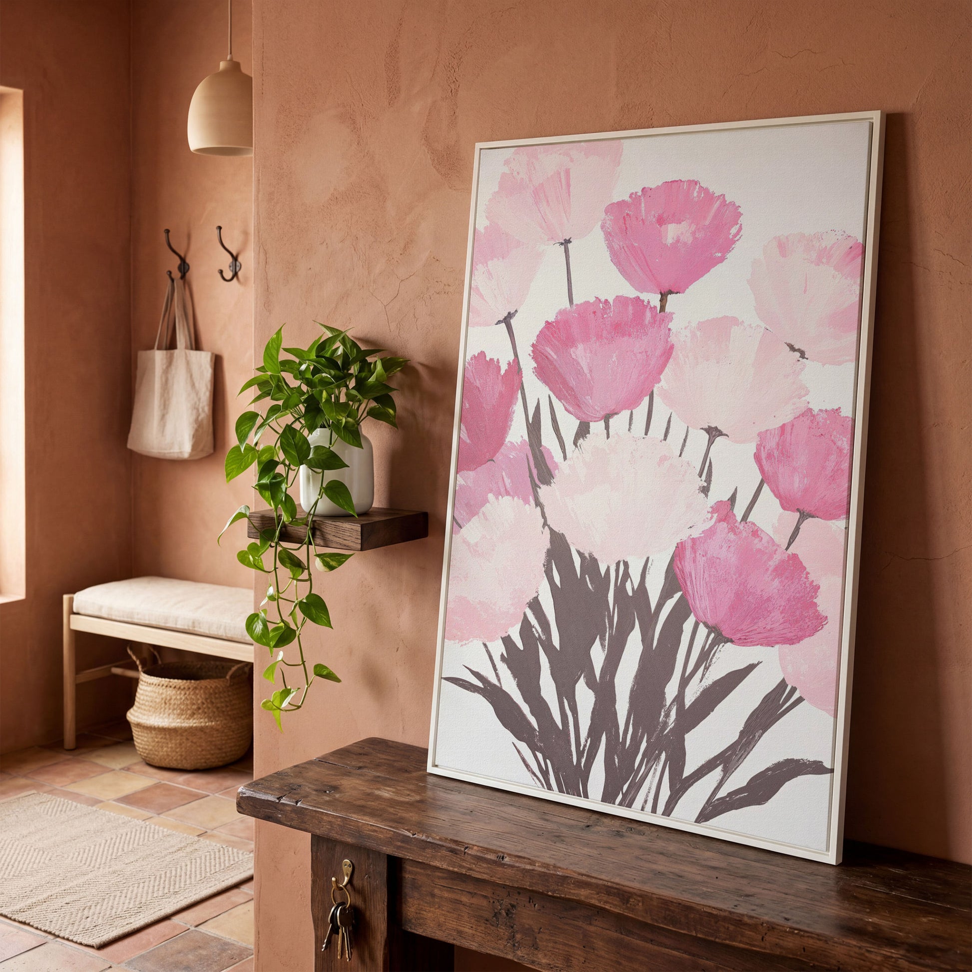 Pink Flower Bouquet Canvas for the Bedroom in white floating frame