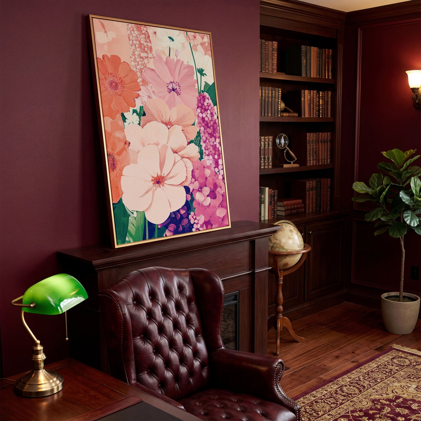 Pastel Floral Burst Pink Canvas Print in antique gold floating frame
