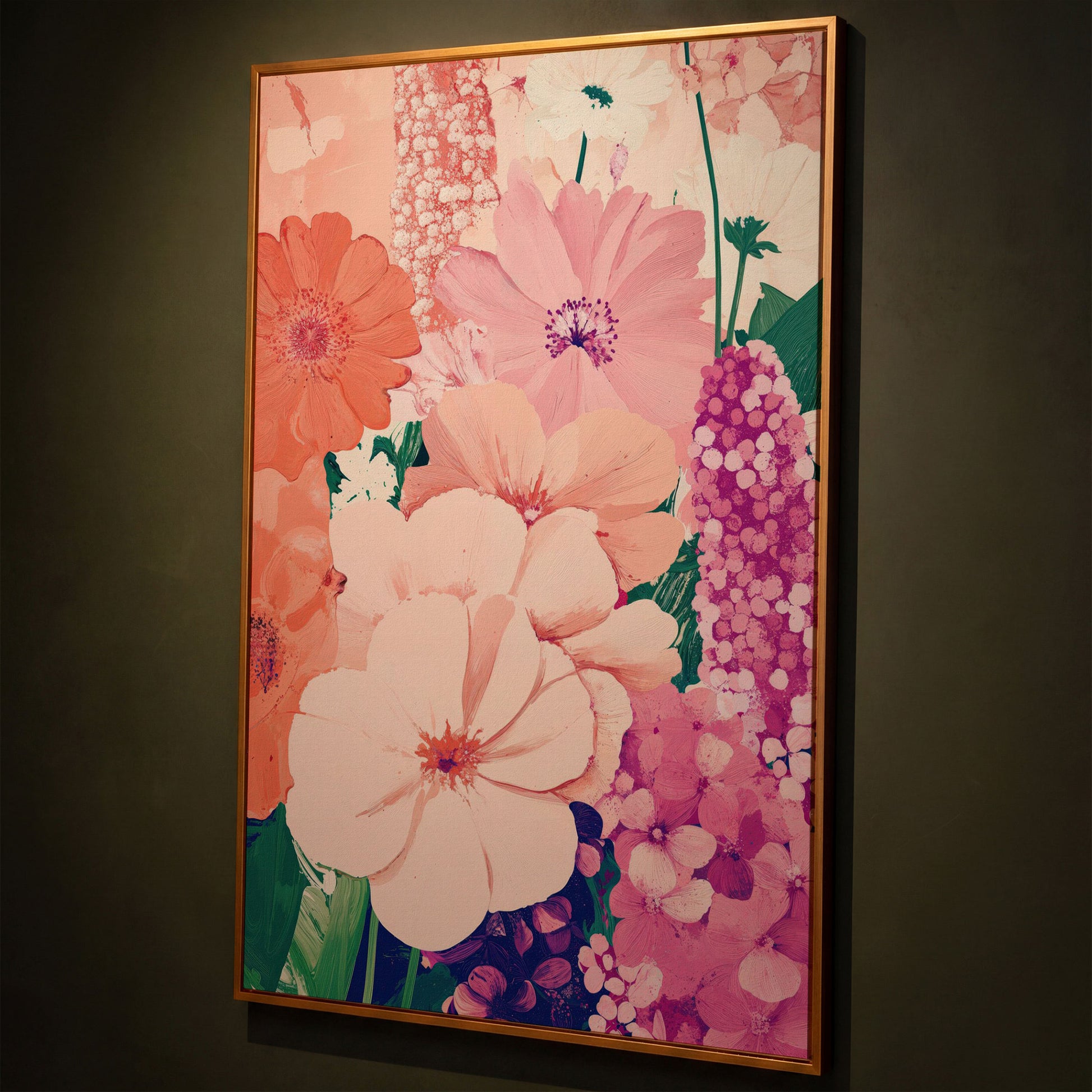 Pastel Floral Burst Pink Canvas Print shown in antique gold floating frame