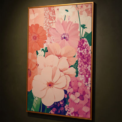 Pastel Floral Burst Pink Canvas Print shown in antique gold floating frame