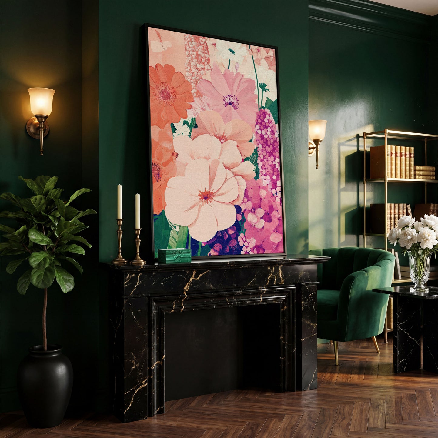 Pastel Floral Burst Pink Canvas Print in black floating frame