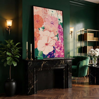 Pastel Floral Burst Pink Canvas Print in black floating frame