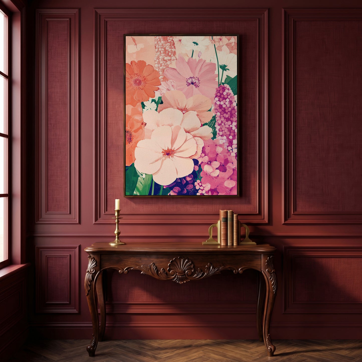 Pastel Floral Burst Pink Canvas Print in dark walnut floating frame