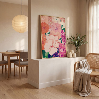 Pastel Floral Burst Pink Canvas Print in white oak floating frame