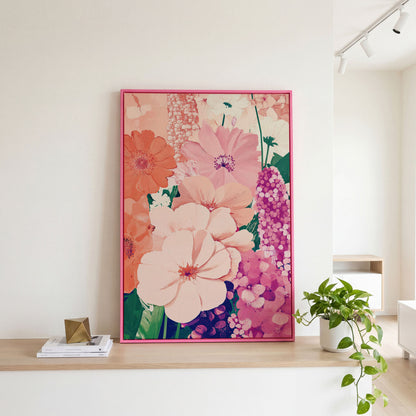Pastel Floral Burst Pink Canvas Print in pink floating frame
