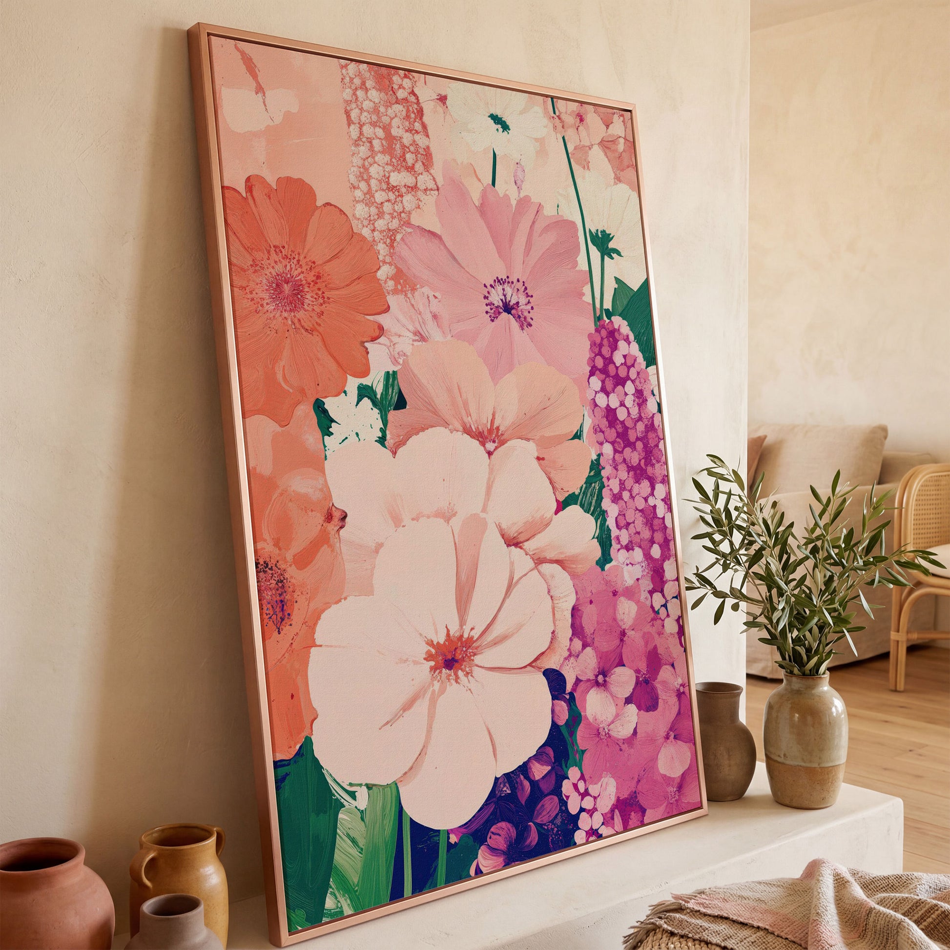 Pastel Floral Burst Pink Canvas Print in rose gold floating frame