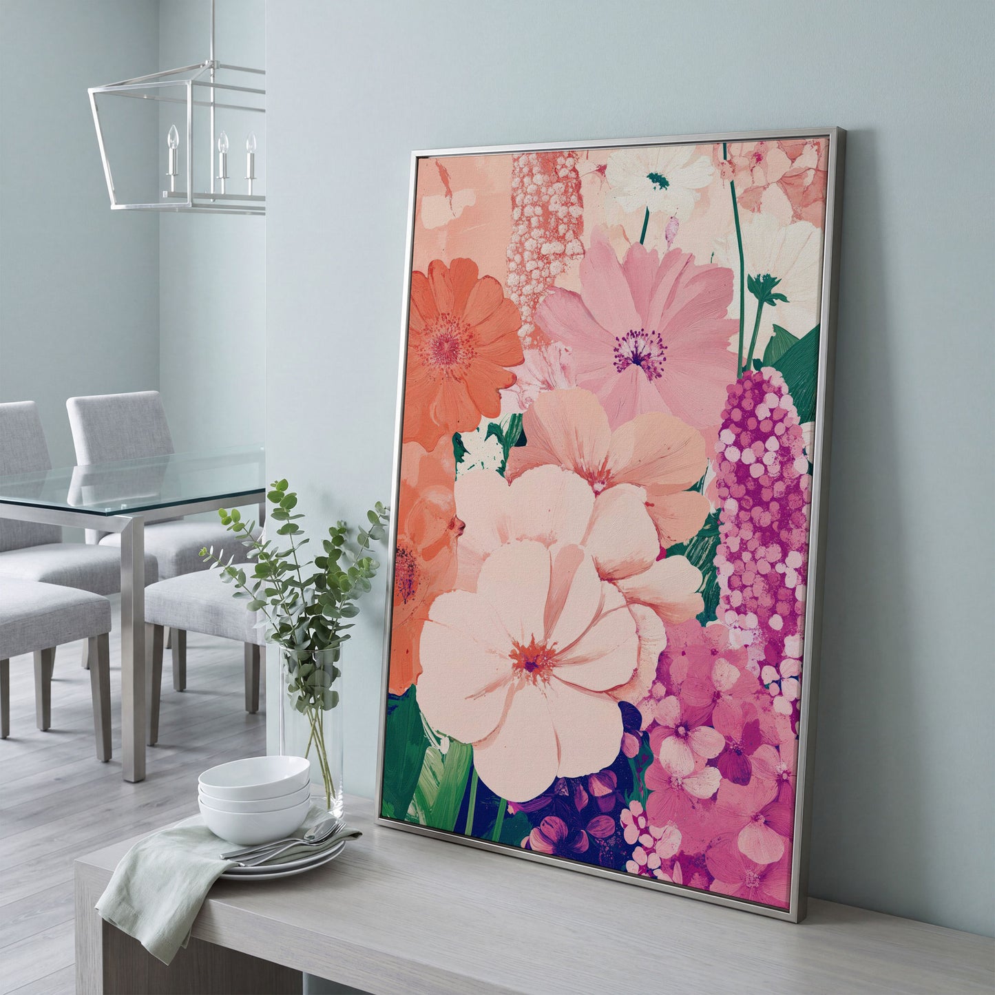 Pastel Floral Burst Pink Canvas Print in silver floating frame