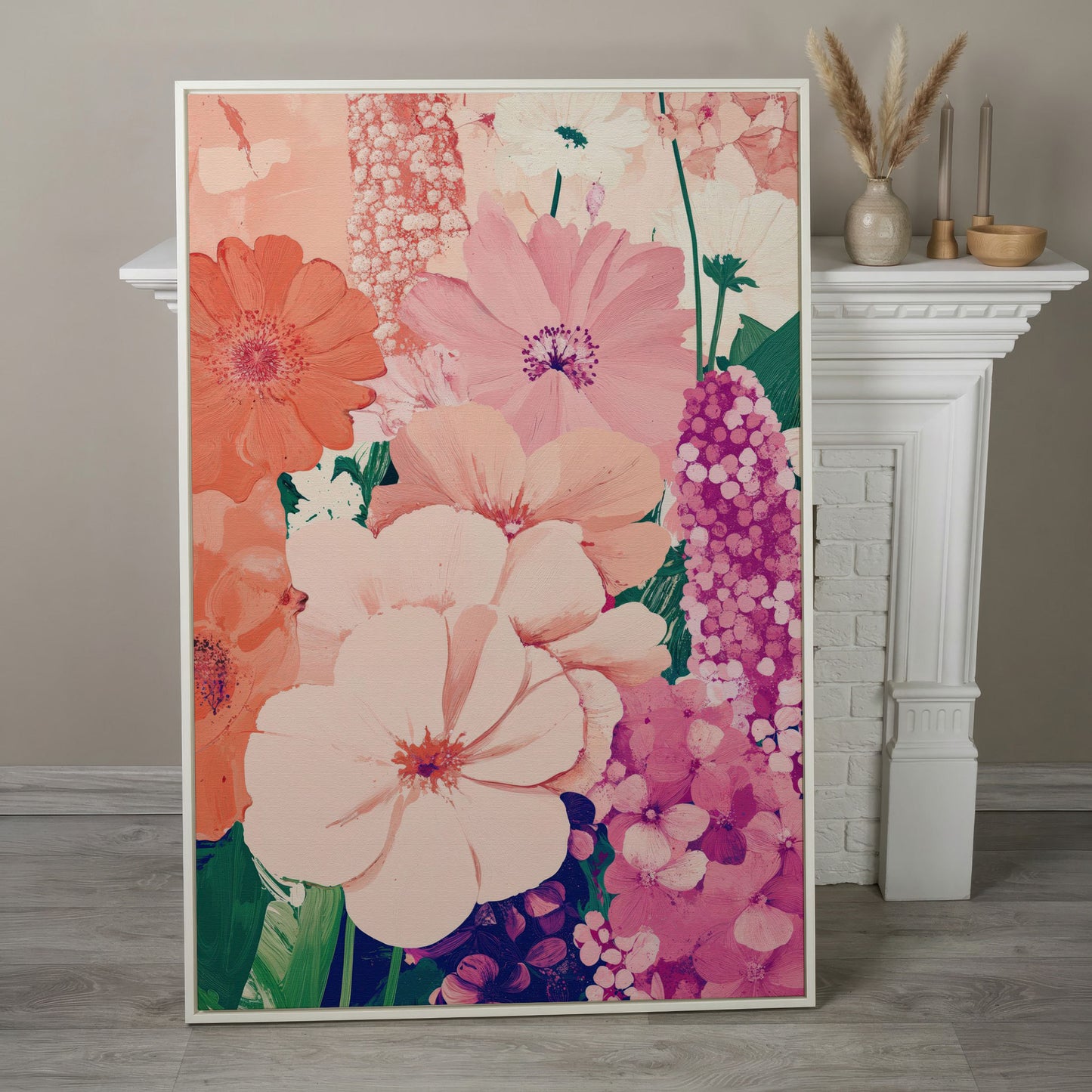 Pastel Floral Burst Pink Canvas Print in white floating frame