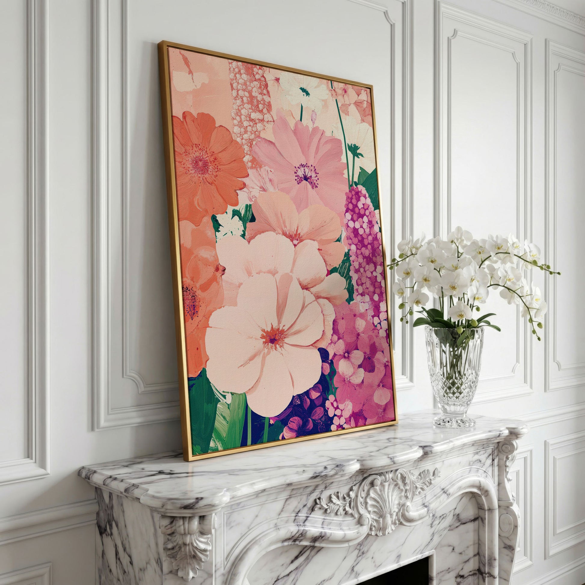 Pastel Floral Burst Pink Canvas Print in yellow gold floating frame